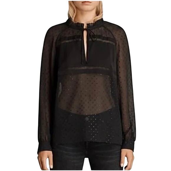 AllSaints Vida Shimmer Swiss Dot Long Sleeve Sheer Black Small Blouse Top - Picture 1 of 7